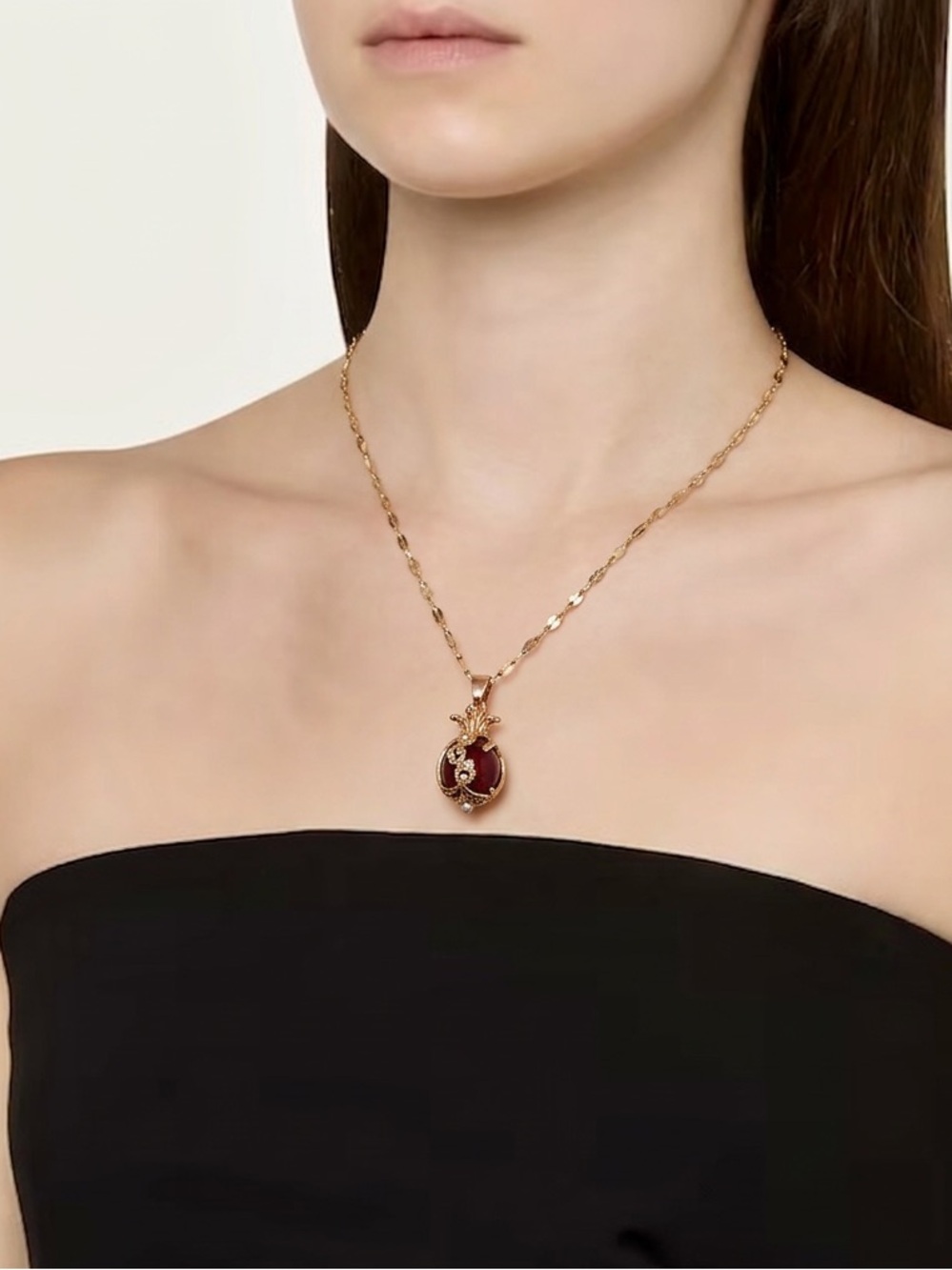 Gold Chain Necklace with Red Pendant
